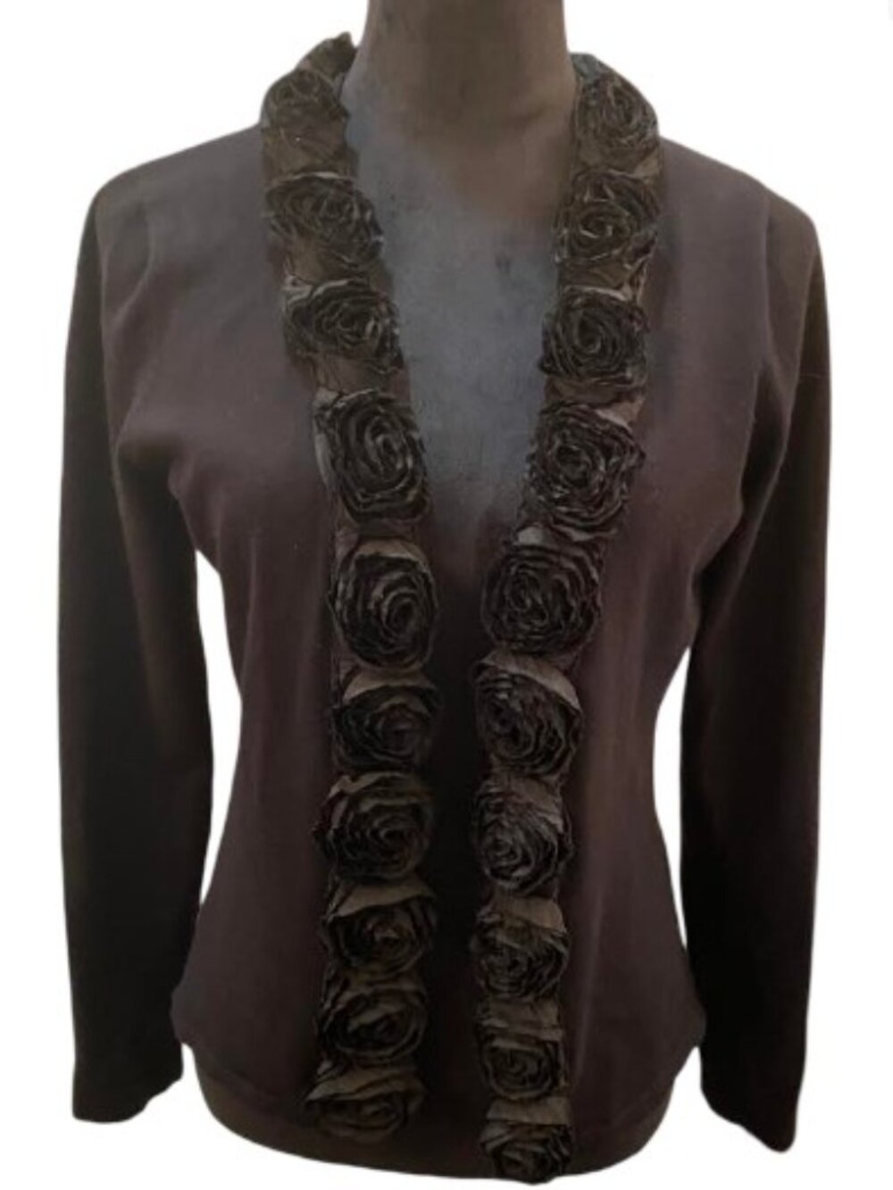 Red Brand Black Cardigan with Fabric Roses Size Medium Like New Condition